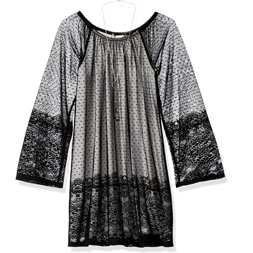 Speechless Girls' Knee Length Boat Neck Lace Mesh Polka Dot Dress + Necklace 16